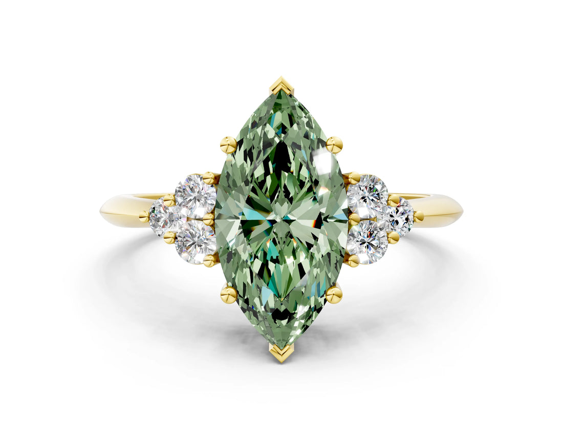 Yellow gold Fancy Green Marquise Cut Cut Diamond Cluster Ring with Solitaire Band and Four-Prong Setting_12