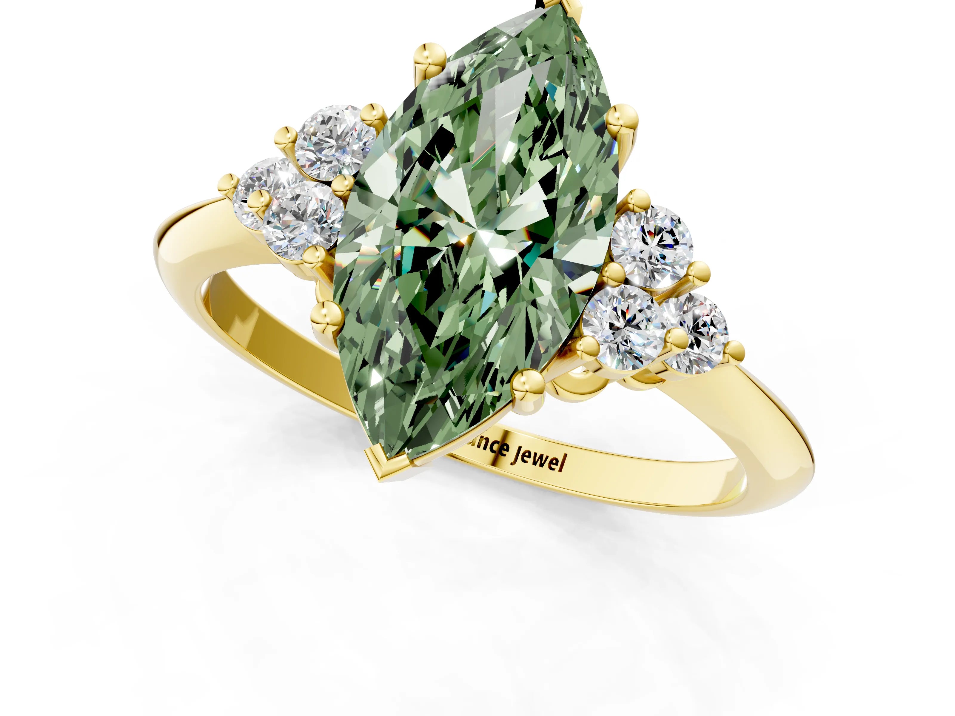 Yellow gold Fancy Green Marquise Cut Cut Diamond Cluster Ring with Solitaire Band and Four-Prong Setting_13