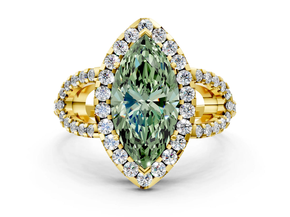 Yellow gold Fancy Green Marquise Cut Cut Diamond Halo Engagement Ring with Open Split Pavé Band