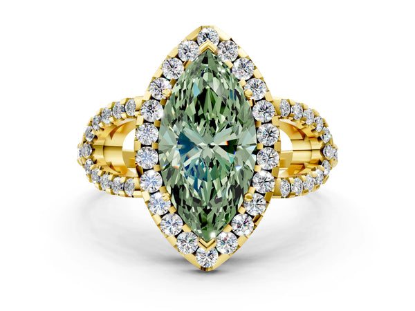 Yellow Gold Marquise Split Shank Pave Halo Engagement Ring Setting for Fancy Green Center