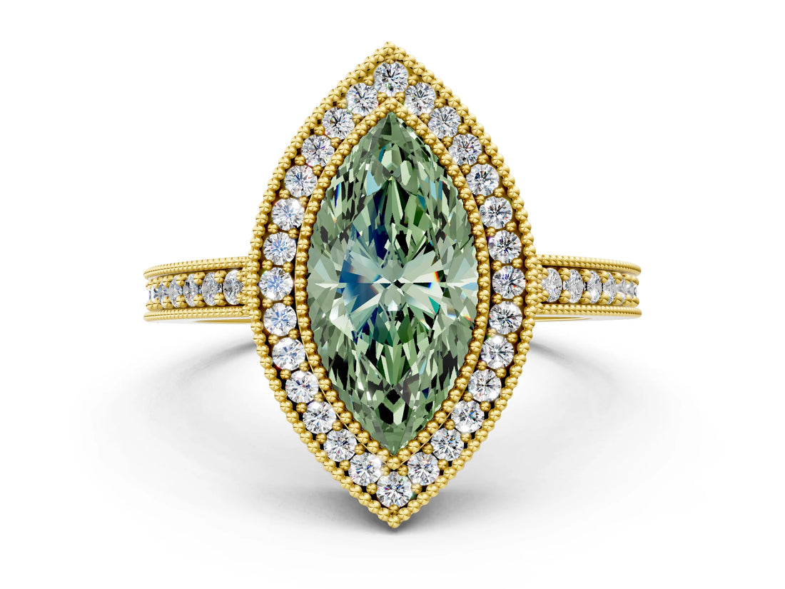 Yellow gold Fancy Green Marquise Cut-Cut Diamond Halo Engagement Ring with Pave Band and Prong Setting