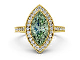 Yellow gold Fancy Green Marquise Cut-Cut Diamond Halo Engagement Ring with Pave Band and Prong Setting
