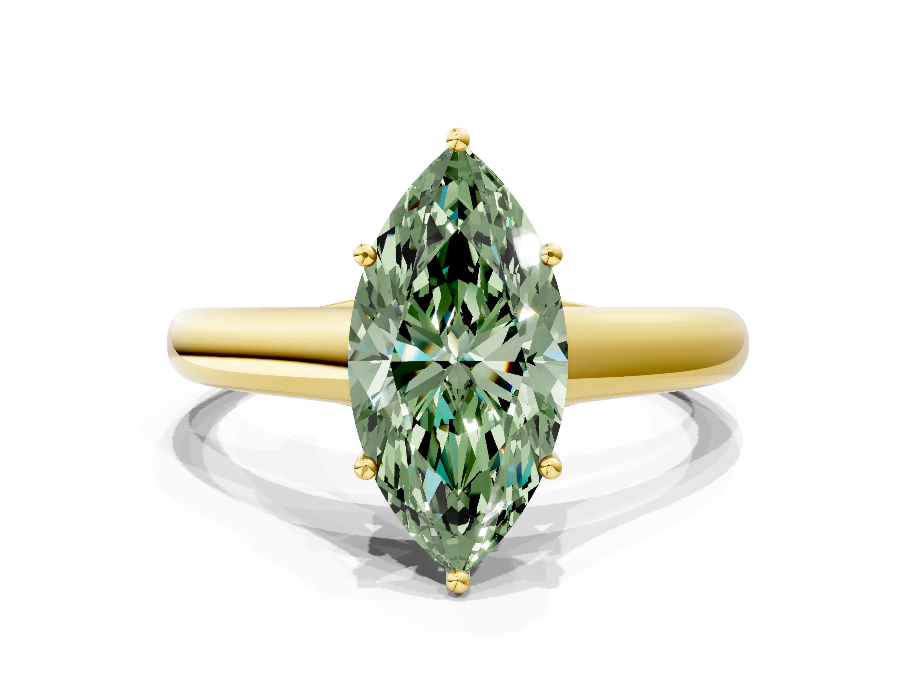 Yellow gold Fancy Green Marquise Cut Cut Diamond Solitaire Engagement Ring with Tapered Plain Band and Four-Prong Setting