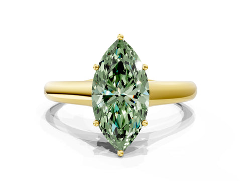 Yellow gold Fancy Green Marquise Cut Cut Diamond Solitaire Engagement Ring with Tapered Plain Band and Four-Prong Setting