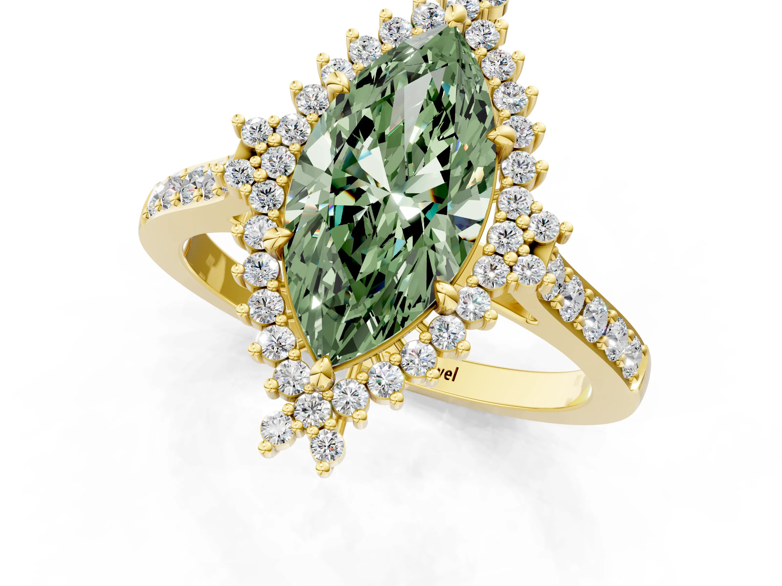 Yellow gold Fancy Green Marquise Cut Cut Diamond Sunburst Halo Engagement Ring with Pavé Band_13