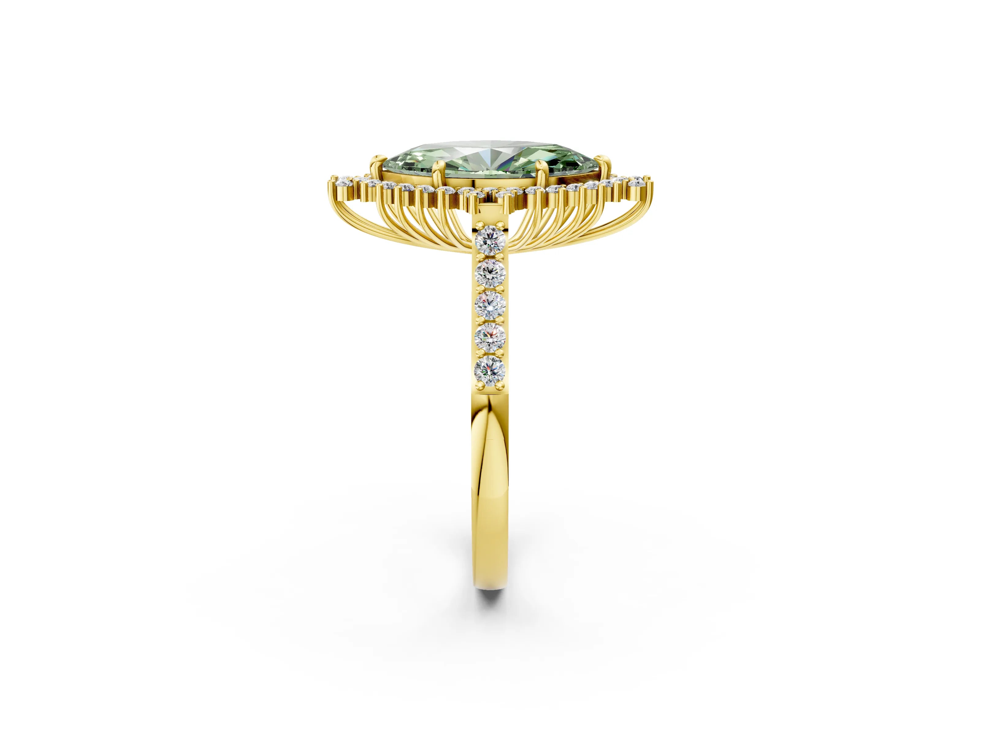 Yellow gold Fancy Green Marquise Cut Cut Diamond Sunburst Halo Engagement Ring with Pavé Band_14