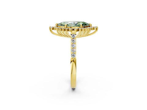 Yellow gold Fancy Green Marquise Cut Cut Diamond Sunburst Halo Engagement Ring with Pavé Band_14