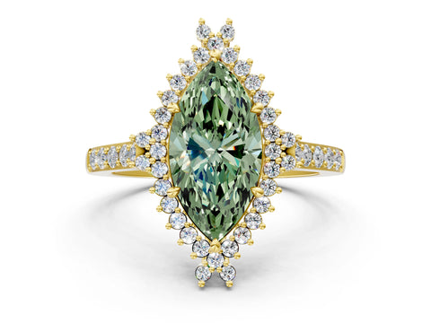 Yellow gold Fancy Green Marquise Cut Cut Diamond Sunburst Halo Engagement Ring with Pavé Band_24