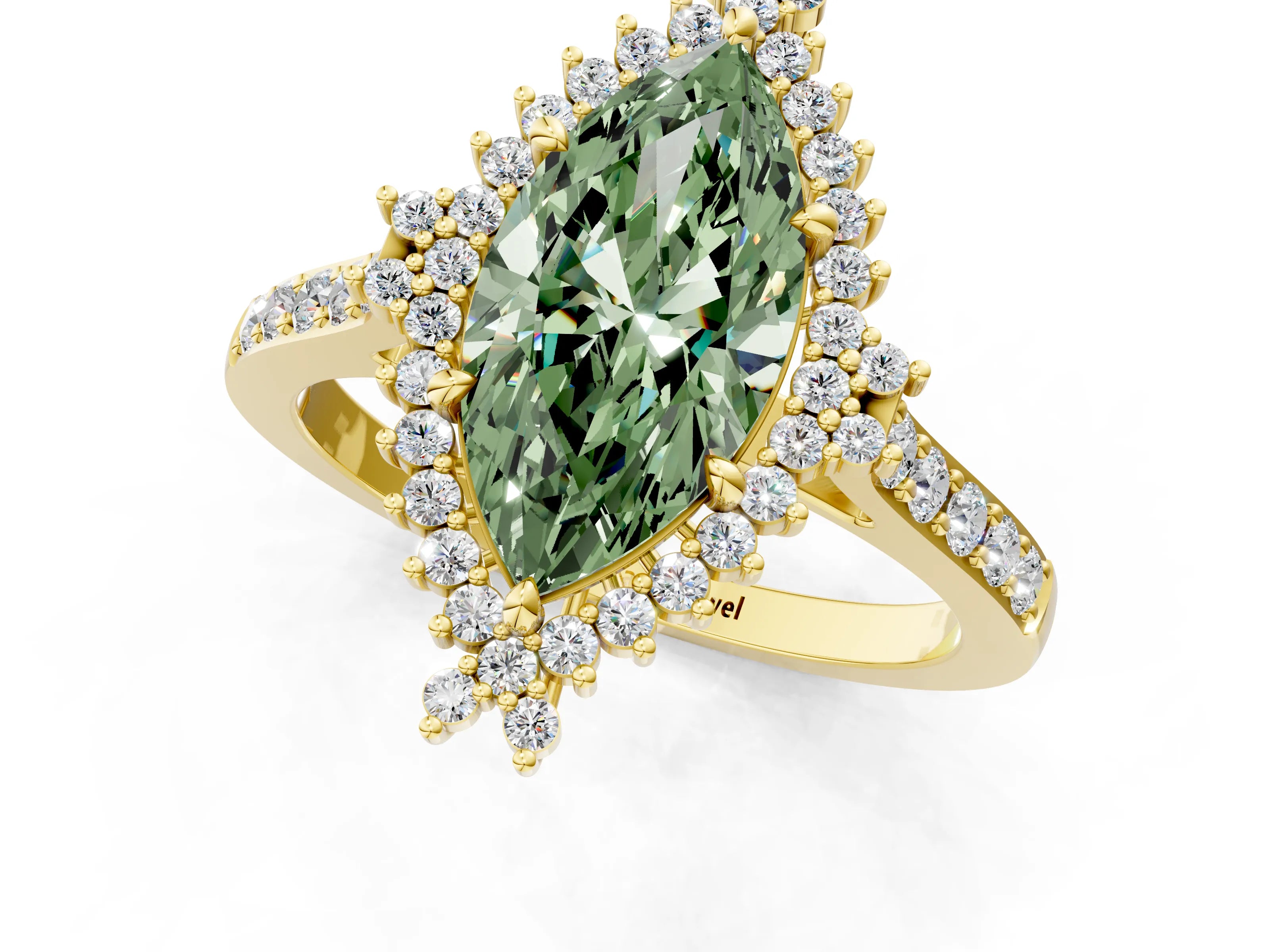 Yellow gold Fancy Green Marquise Cut Cut Diamond Sunburst Halo Engagement Ring with Pavé Band_25