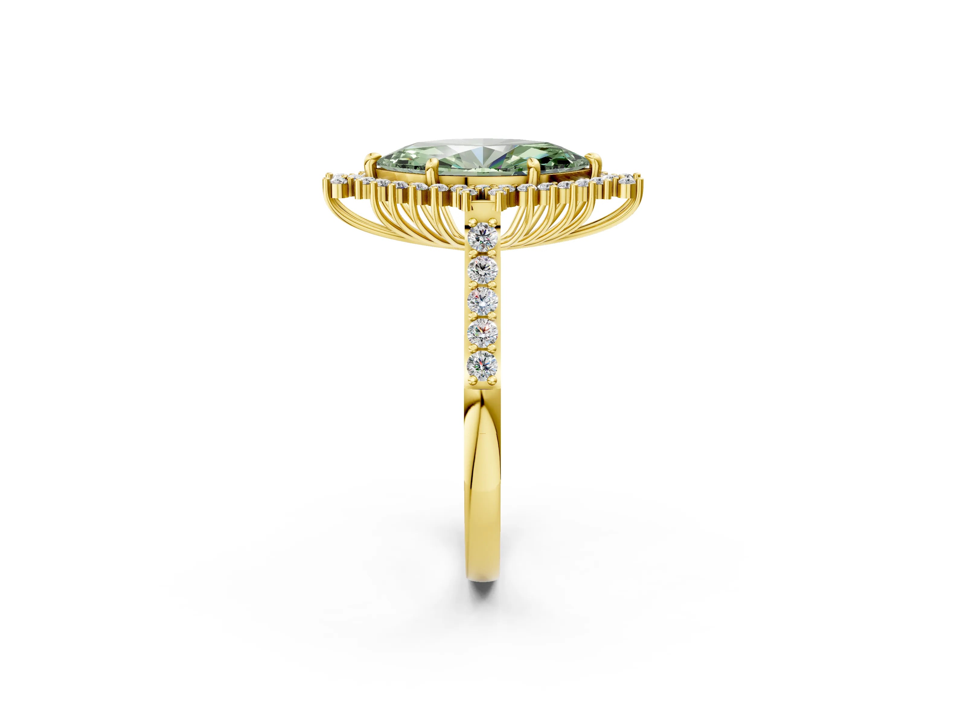 Yellow gold Fancy Green Marquise Cut Cut Diamond Sunburst Halo Engagement Ring with Pavé Band_26
