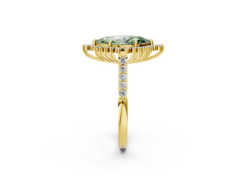 Yellow gold Fancy Green Marquise Cut Cut Diamond Sunburst Halo Engagement Ring with Pavé Band_26