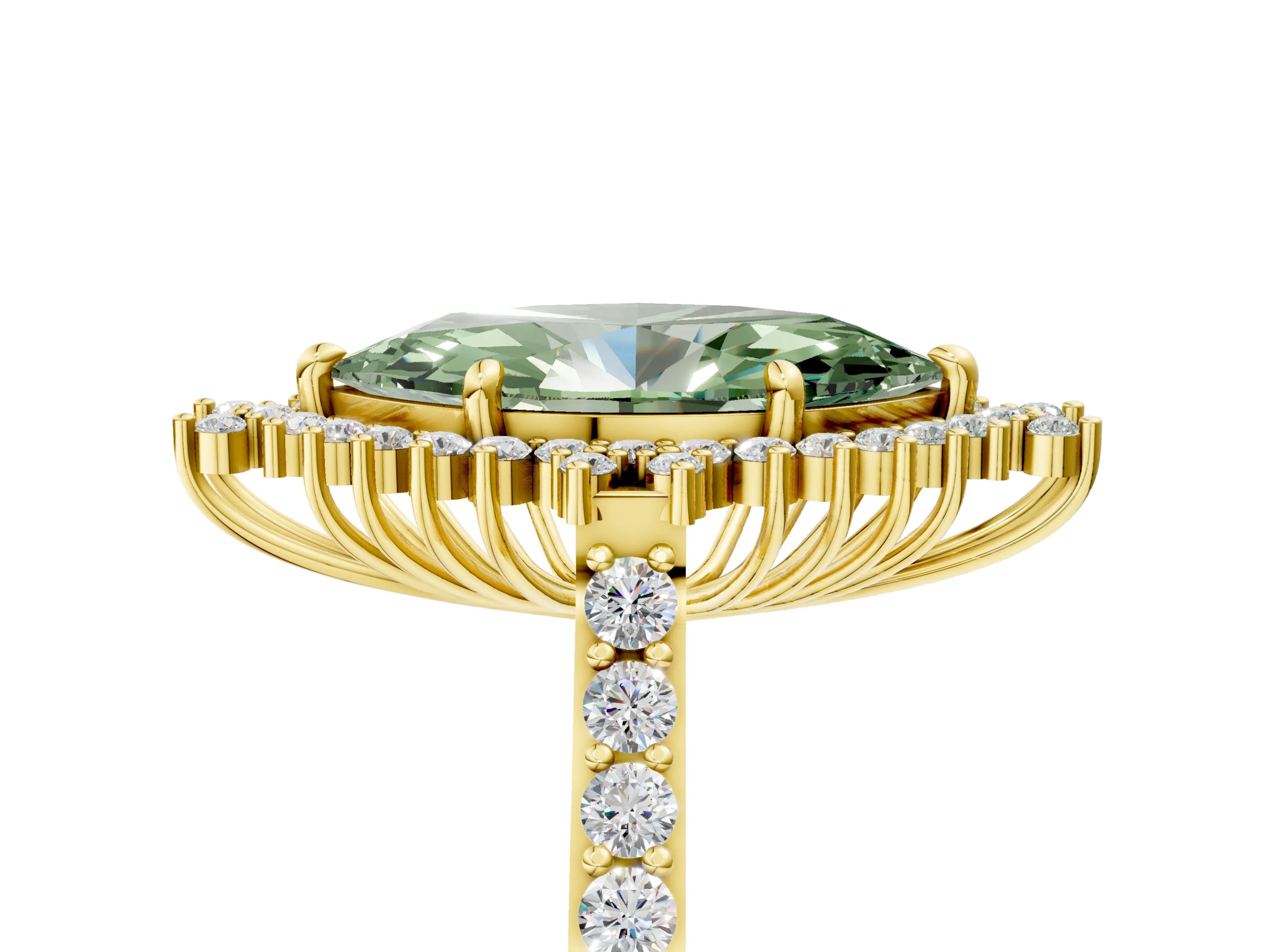 Yellow gold Fancy Green Marquise Cut Cut Diamond Sunburst Halo Engagement Ring with Pavé Band_29