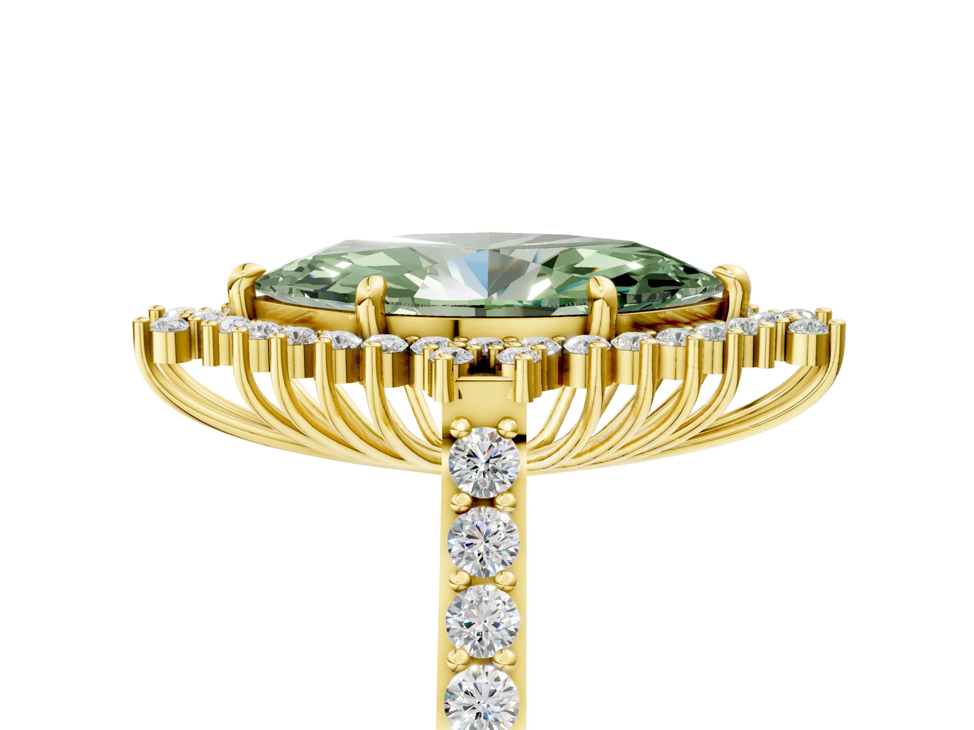 Yellow gold Fancy Green Marquise Cut Cut Diamond Sunburst Halo Engagement Ring with Pavé Band_5