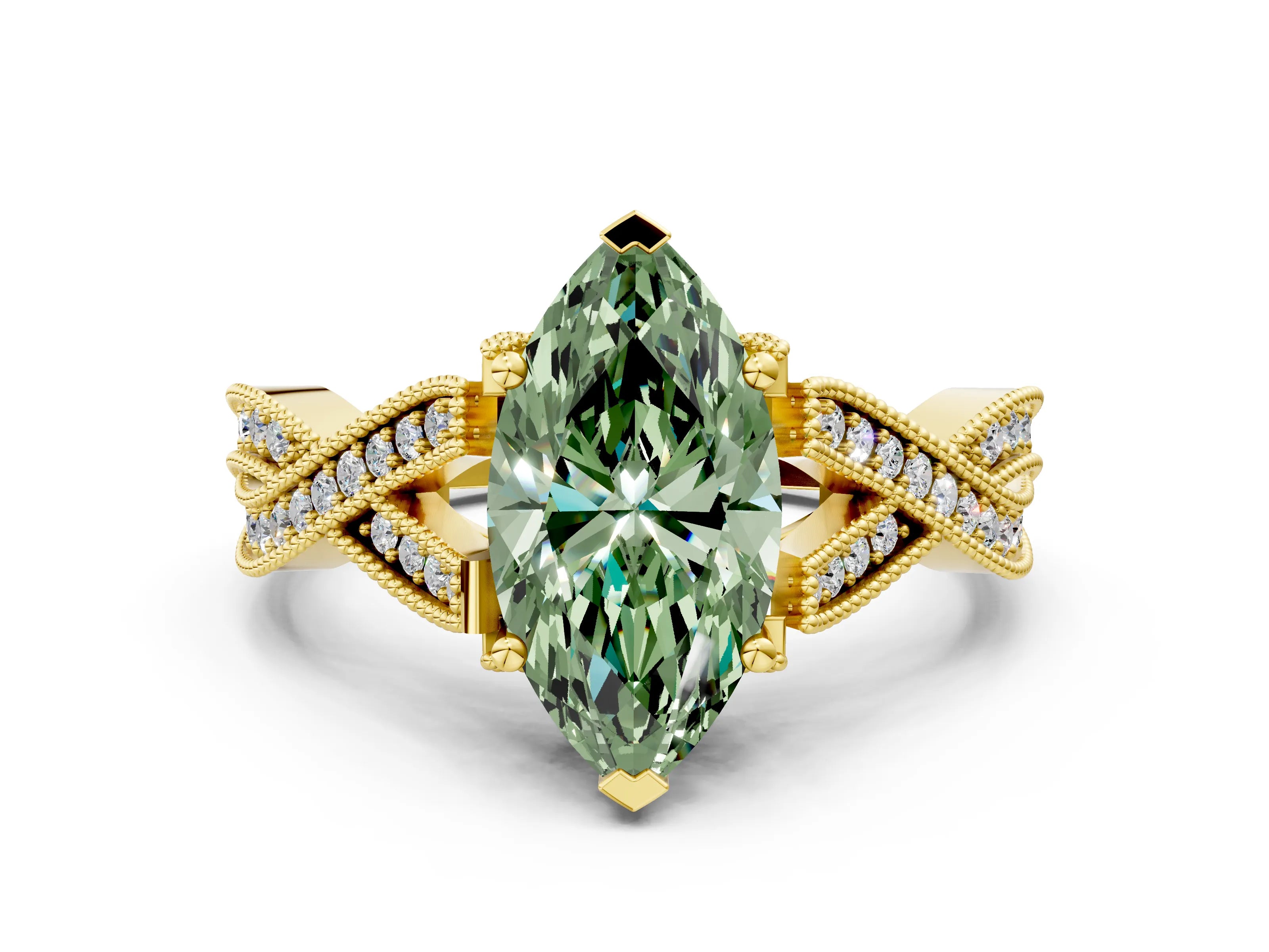 Yellow gold Fancy Green Marquise Cut Cut Diamond Twisted Band with Milgrain Pave Setting and Four-Prong Setting