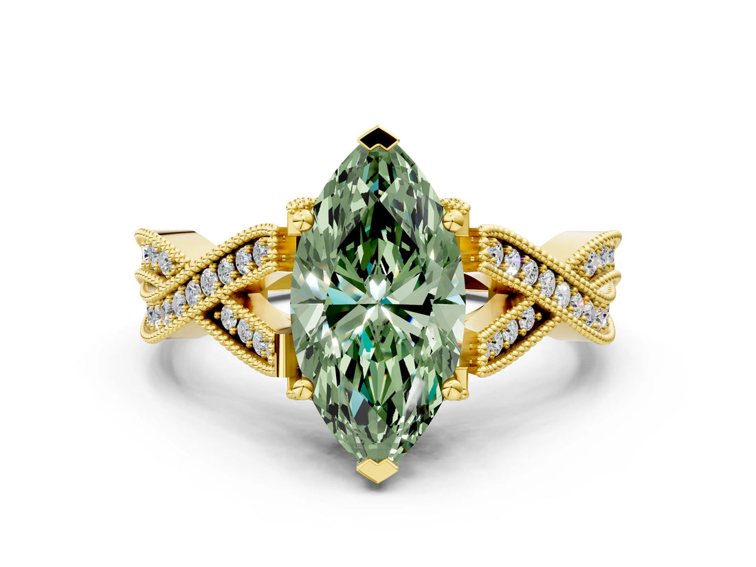Yellow gold Fancy Green Marquise Cut Cut Diamond Twisted Band with Milgrain Pave Setting and Four-Prong Setting