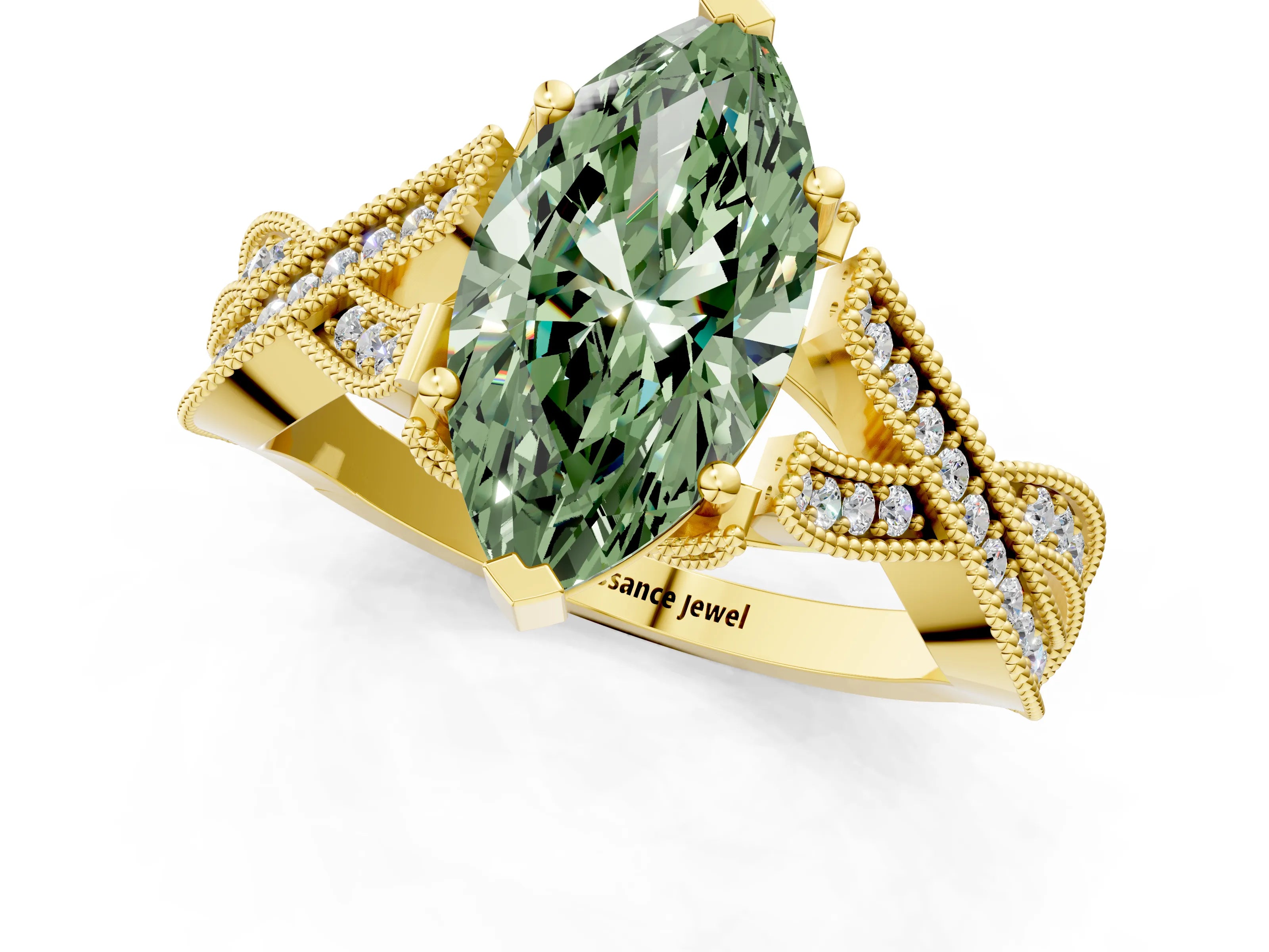 Yellow gold Fancy Green Marquise Cut Cut Diamond Twisted Band with Milgrain Pave Setting and Four-Prong Setting_1