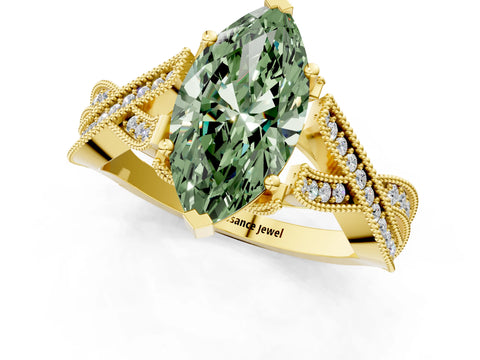 Yellow gold Fancy Green Marquise Cut Cut Diamond Twisted Band with Milgrain Pave Setting and Four-Prong Setting_1
