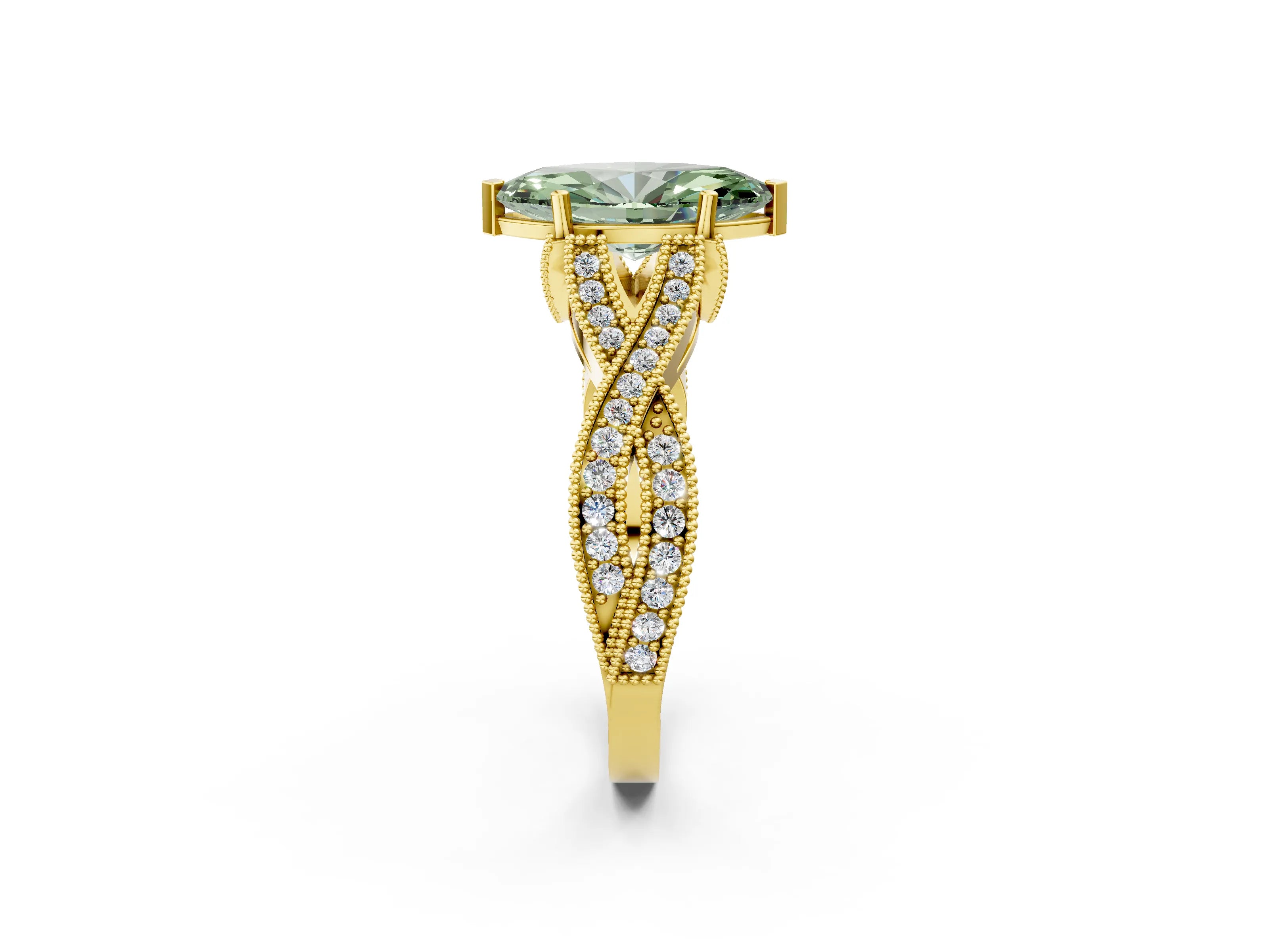 Yellow gold Fancy Green Marquise Cut Cut Diamond Twisted Band with Milgrain Pave Setting and Four-Prong Setting_2