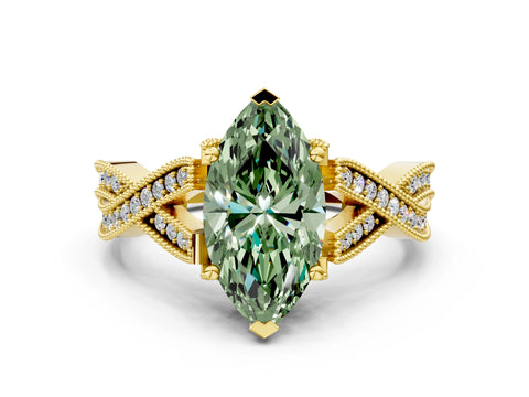 Yellow gold Fancy Green Marquise Cut Cut Diamond Twisted Band with Milgrain Pave Setting and Four-Prong Setting