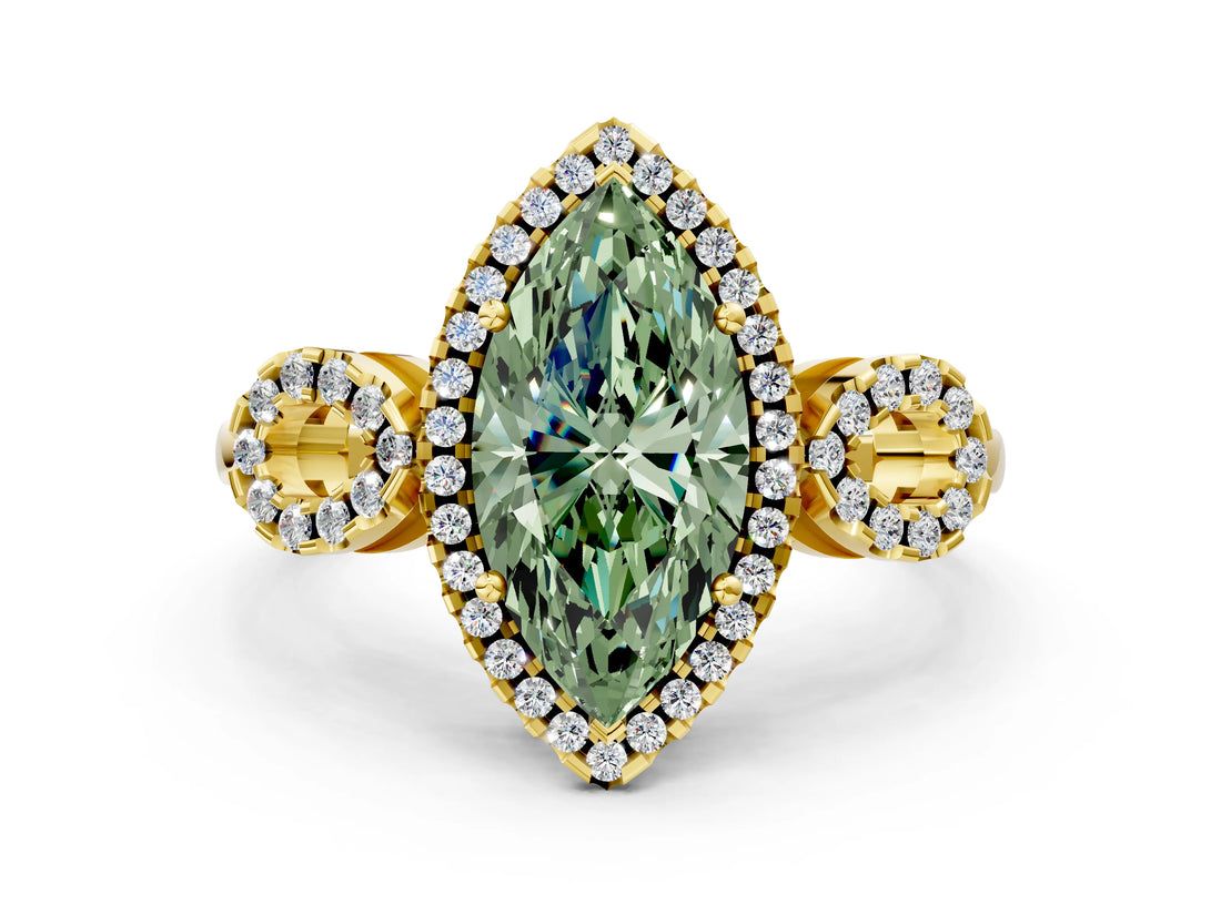 Yellow gold Fancy Green Marquise Cut Cut Halo Diamond Infinity Band with Four-Prong Setting
