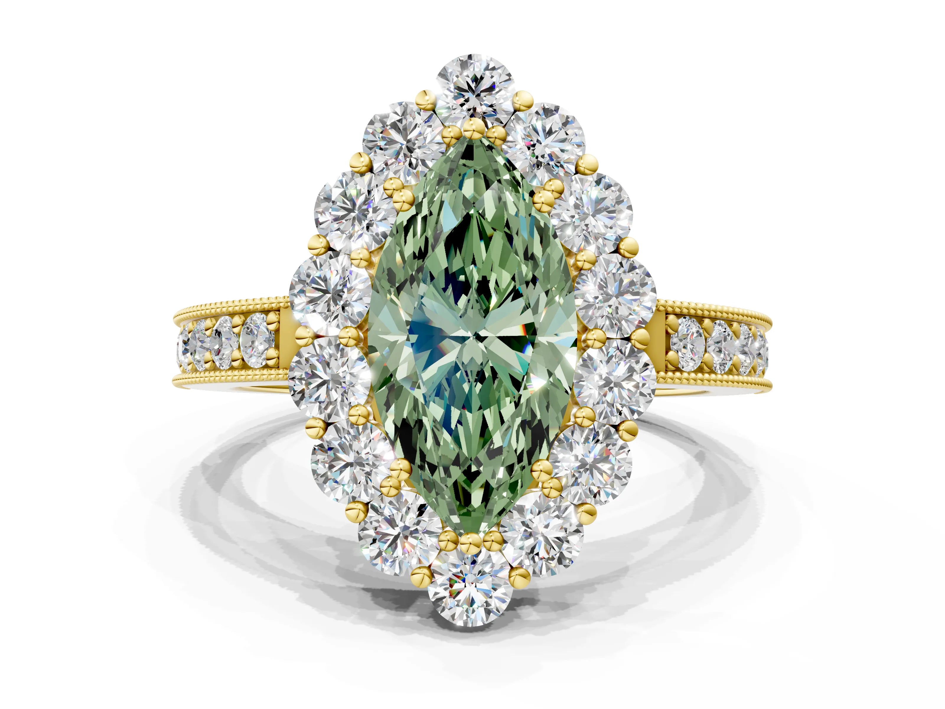 Yellow gold Fancy Green Marquise Cut Cut Halo Diamond Pavé Engagement Ring with Milgrain Detailing