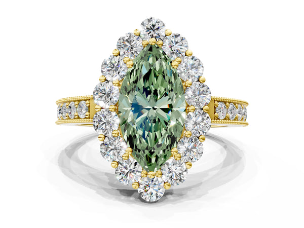Yellow gold Fancy Green Marquise Cut Cut Halo Diamond Pavé Engagement Ring with Milgrain Detailing