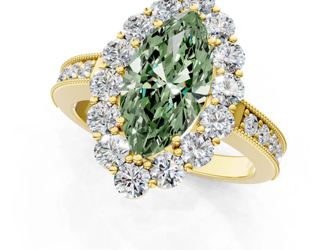 Yellow gold Fancy Green Marquise Cut Cut Halo Diamond Pavé Engagement Ring with Milgrain Detailing_1