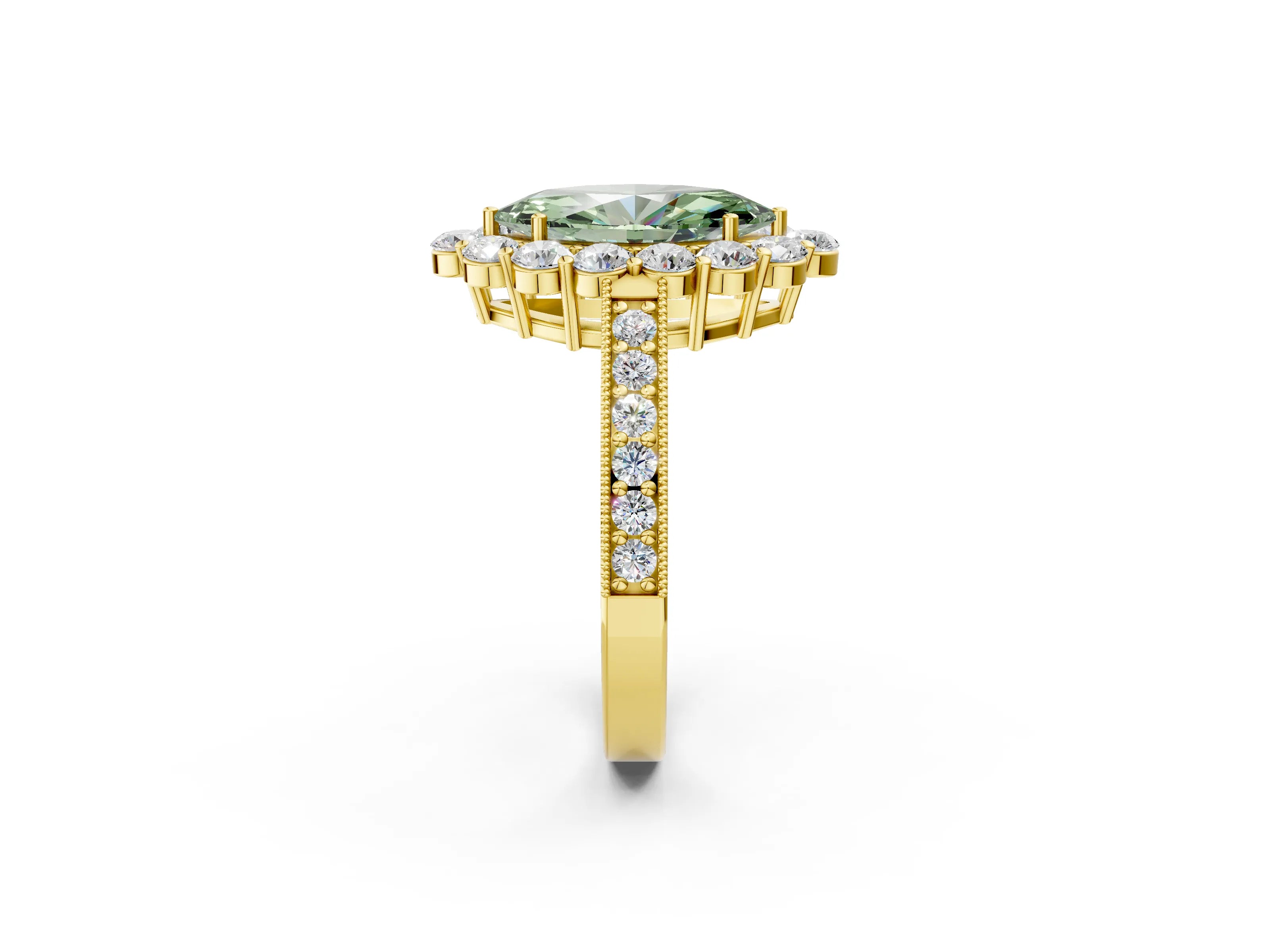 Yellow gold Fancy Green Marquise Cut Cut Halo Diamond Pavé Engagement Ring with Milgrain Detailing_2