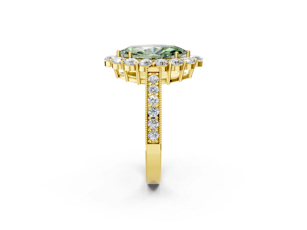 Yellow gold Fancy Green Marquise Cut Cut Halo Diamond Pavé Engagement Ring with Milgrain Detailing