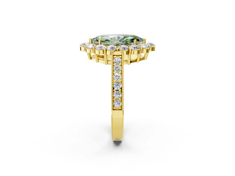 Yellow gold Fancy Green Marquise Cut Cut Halo Diamond Pavé Engagement Ring with Milgrain Detailing_2