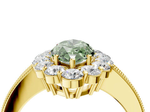 Yellow gold Fancy Green Marquise Cut Cut Halo Diamond Pavé Engagement Ring with Milgrain Detailing_4