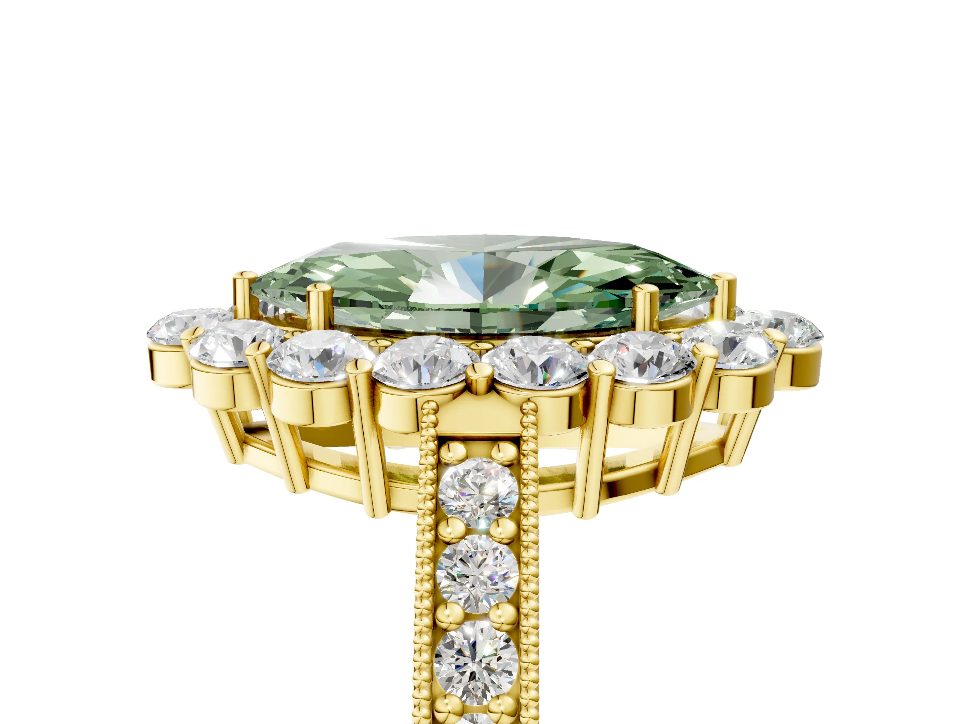 Yellow gold Fancy Green Marquise Cut Cut Halo Diamond Pavé Engagement Ring with Milgrain Detailing_5