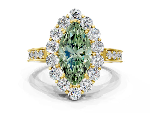 Yellow gold Fancy Green Marquise Cut Cut Halo Diamond Pavé Engagement Ring with Milgrain Detailing