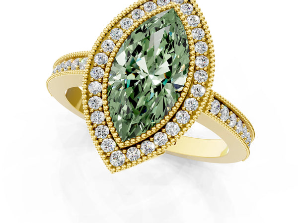 Yellow Gold Marquise Double Milgrain Halo Engagement Ring Setting for Fancy Green Center