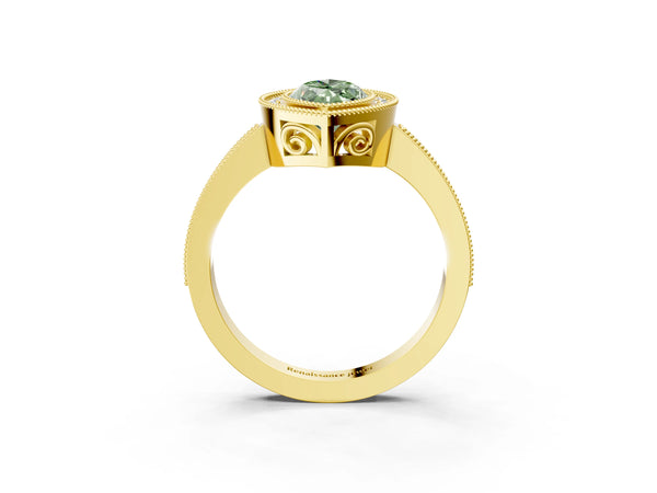 Yellow Gold Marquise Double Milgrain Halo Engagement Ring Setting for Fancy Green Center