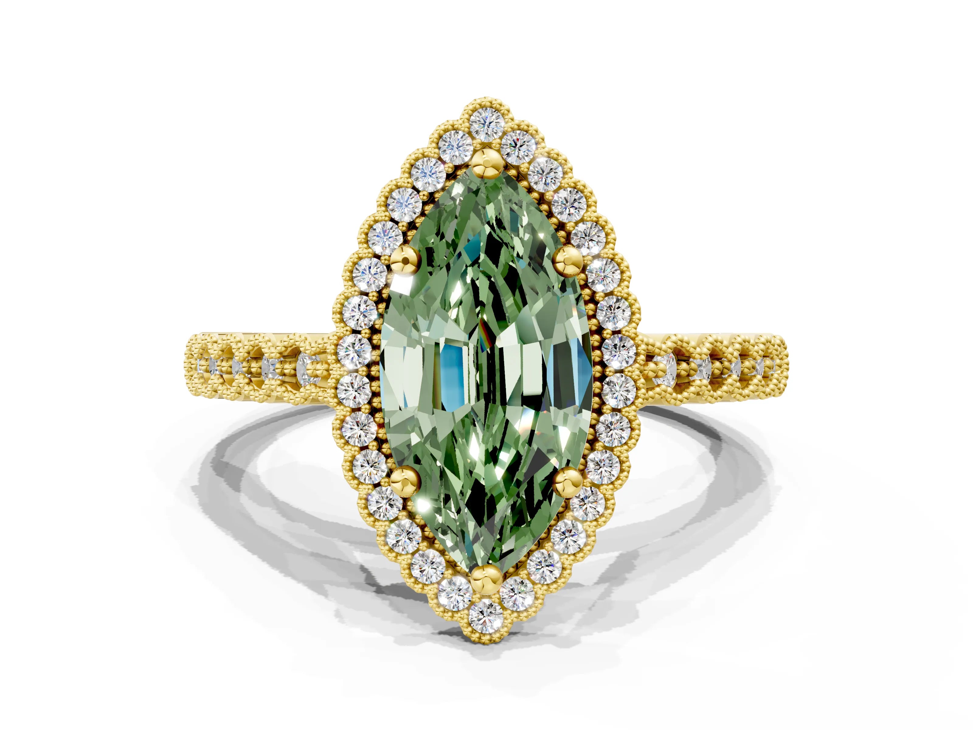 Yellow gold Fancy Green Marquise Cut Cut Halo Pavé Solitaire Ring with Milgrain Band