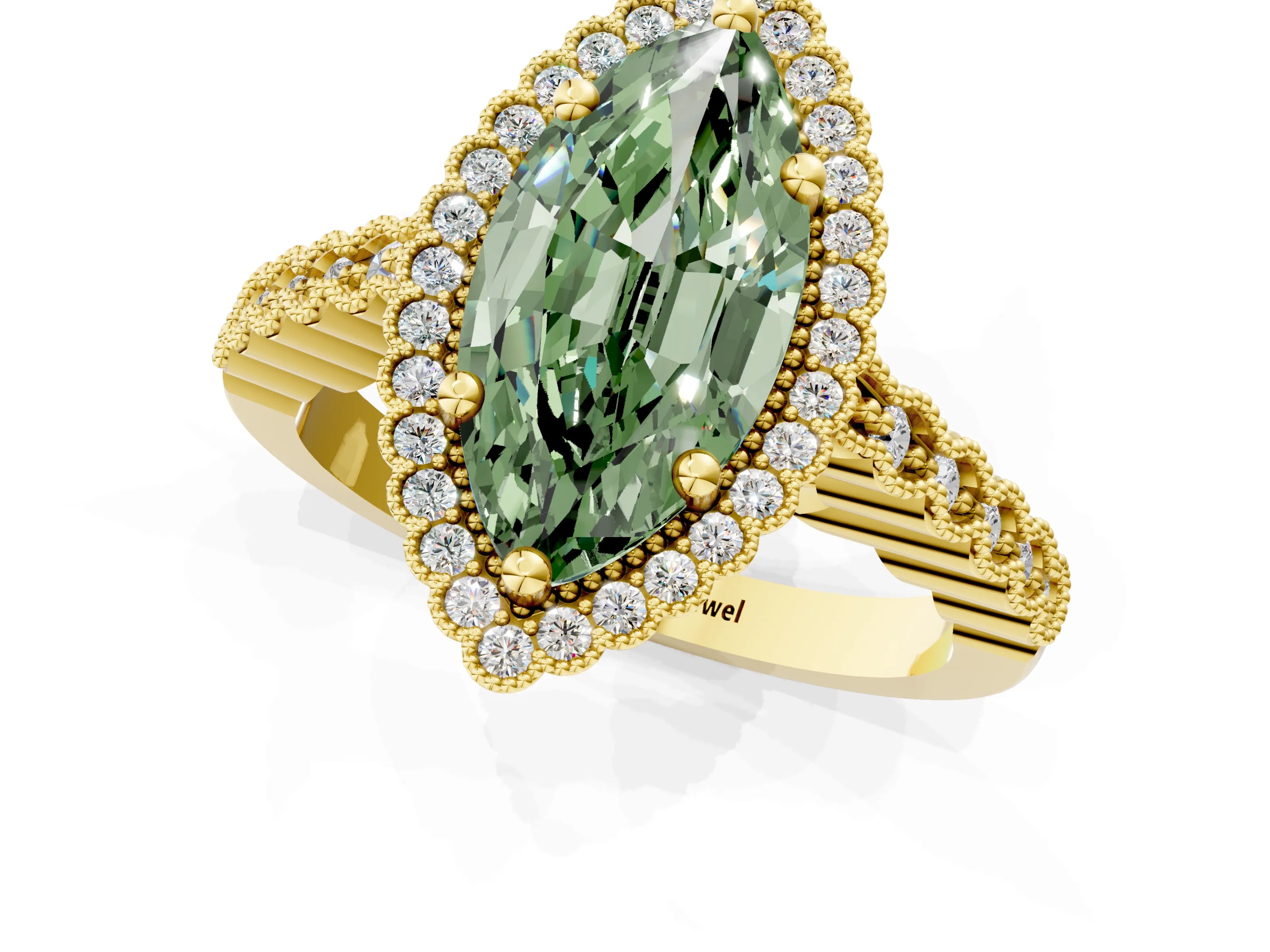 Yellow gold Fancy Green Marquise Cut Cut Halo Pavé Solitaire Ring with Milgrain Band_1