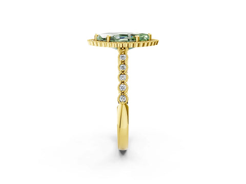 Yellow gold Fancy Green Marquise Cut Cut Halo Pavé Solitaire Ring with Milgrain Band_2