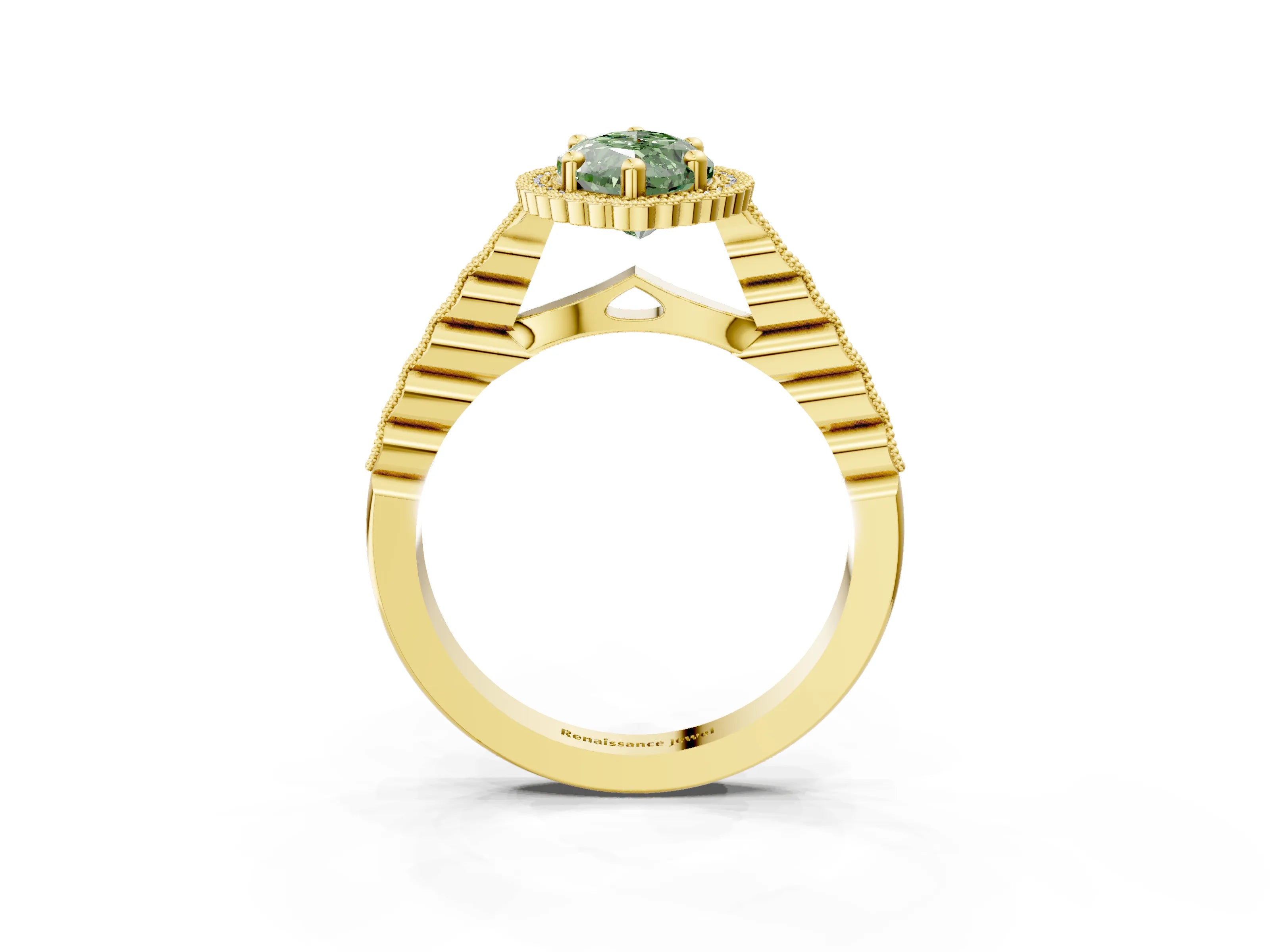 Yellow gold Fancy Green Marquise Cut Cut Halo Pavé Solitaire Ring with Milgrain Band_3