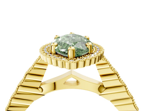 Yellow gold Fancy Green Marquise Cut Cut Halo Pavé Solitaire Ring with Milgrain Band_4