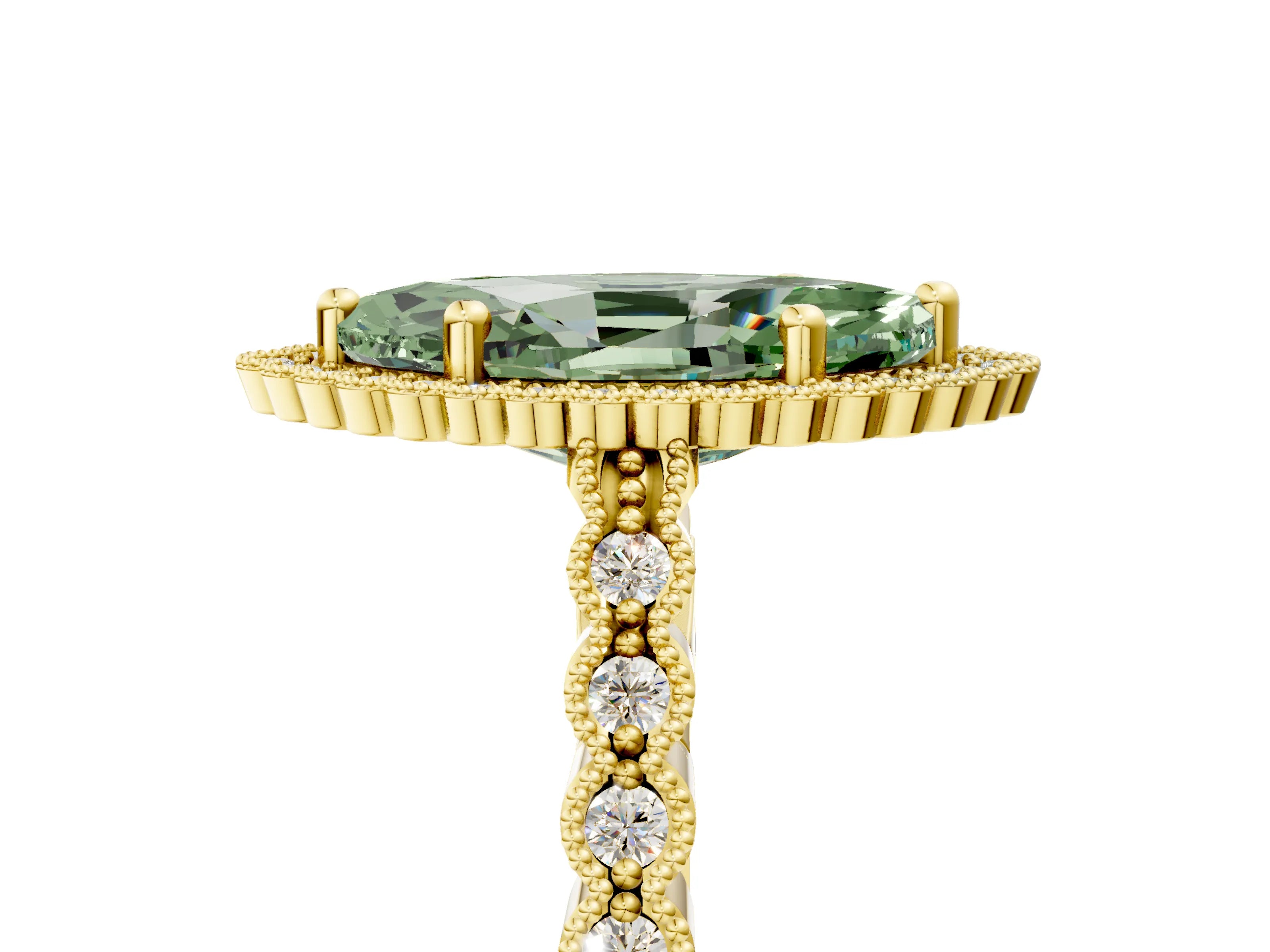Yellow gold Fancy Green Marquise Cut Cut Halo Pavé Solitaire Ring with Milgrain Band_5