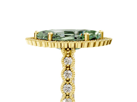 Yellow gold Fancy Green Marquise Cut Cut Halo Pavé Solitaire Ring with Milgrain Band_5