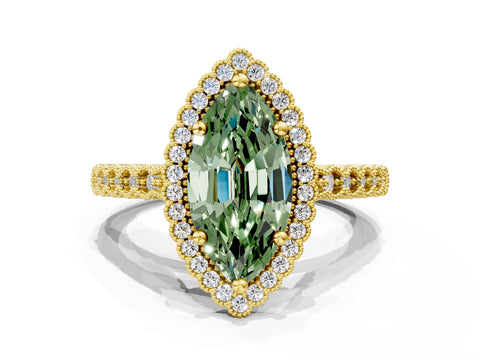 Yellow gold Fancy Green Marquise Cut Cut Halo Pavé Solitaire Ring with Milgrain Band