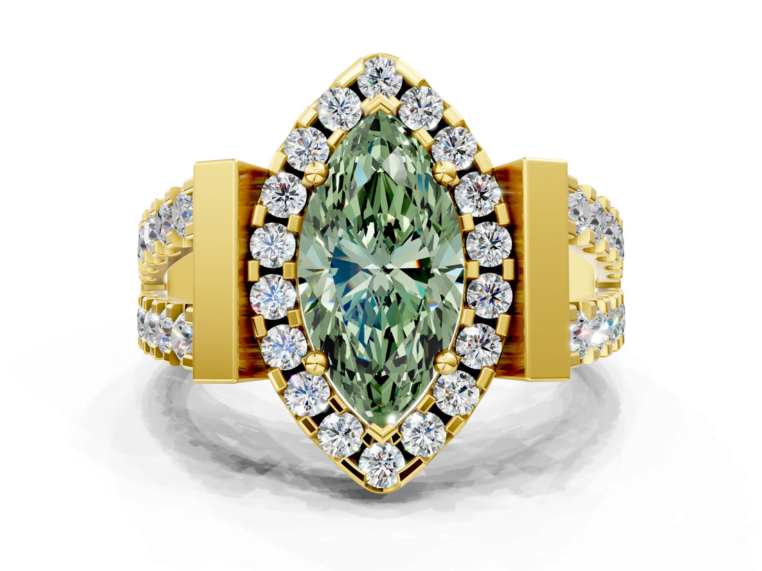 Yellow gold Fancy Green Marquise Cut Cut Halo Split Shank Prong Set Ring