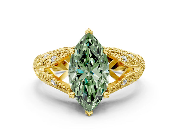 Yellow gold Fancy Green Marquise Cut Cut Milgrain Pave Diamond Engagement Ring with Four-Prong Setting