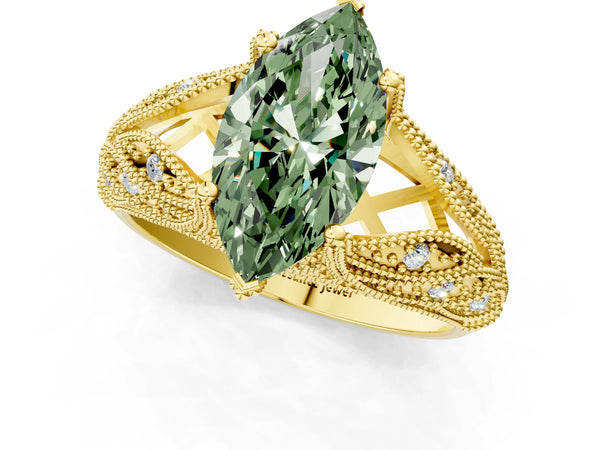 Yellow gold Fancy Green Marquise Cut Cut Milgrain Pave Diamond Engagement Ring with Four-Prong Setting