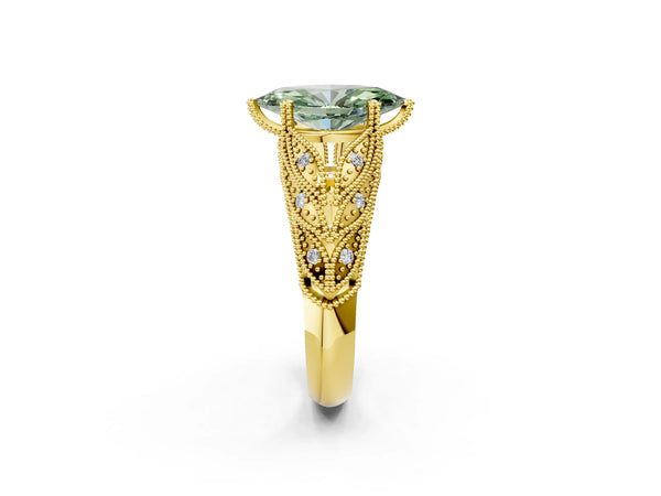 Yellow gold Fancy Green Marquise Cut Cut Milgrain Pave Diamond Engagement Ring with Four-Prong Setting