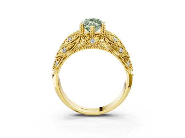 Yellow gold Fancy Green Marquise Cut Cut Milgrain Pave Diamond Engagement Ring with Four-Prong Setting