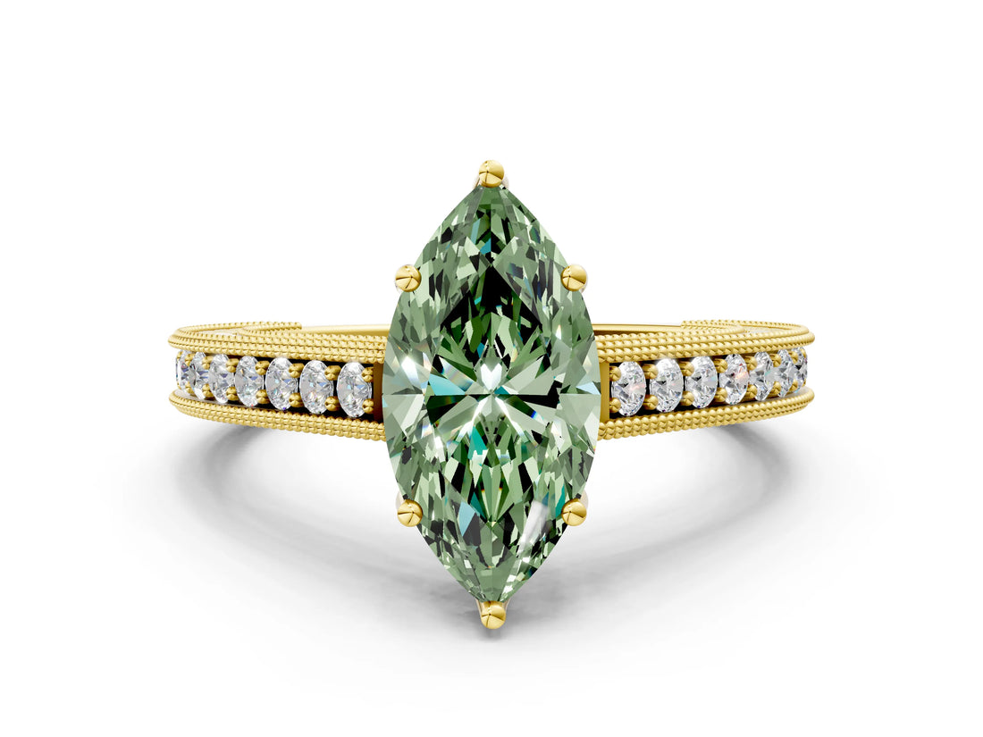 Yellow gold Fancy Green Marquise Cut Cut Pave Band Milgrain Solitaire Ring