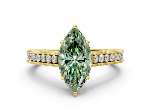 Yellow gold Fancy Green Marquise Cut Cut Pave Band Milgrain Solitaire Ring